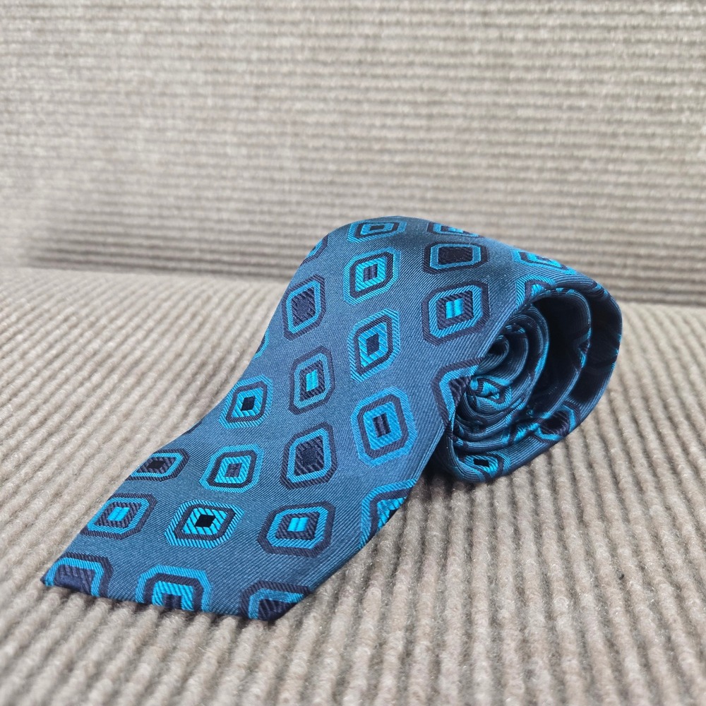 Haines & Bonner Mens Blue Geometric Diamond Silk Handmade Necktie
